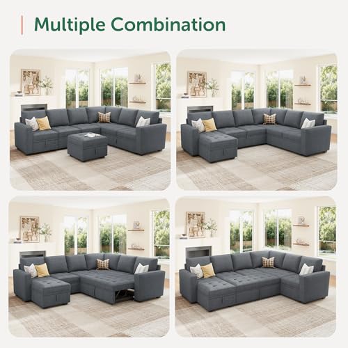 Image of HONBAY Modular Sectional Couch with Pull Out Bed Sleeper Sofa with Storage U Shaped Modular Sectional Couches for Living Room,Warm Bluish Grey