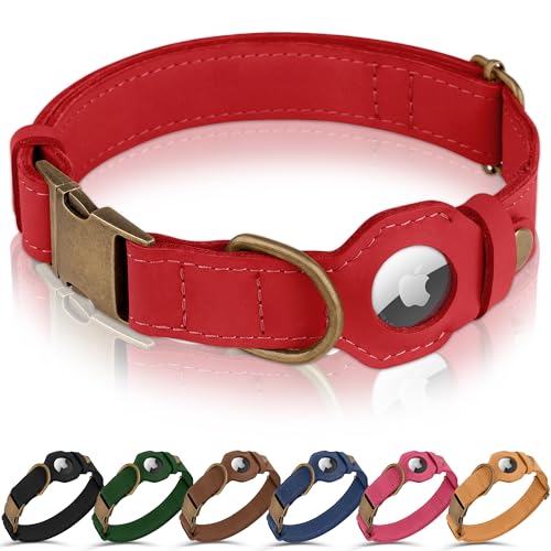 BUDKAS AirTag Dog Collar - Genuine Leather Dog Collar with Apple AirTag Holder and Metal Buckle - Smart GPS Tracking Pet Collars (Red, S, 12"-15" Neck Fit) by BUDKAS - Used condition - US$11.71