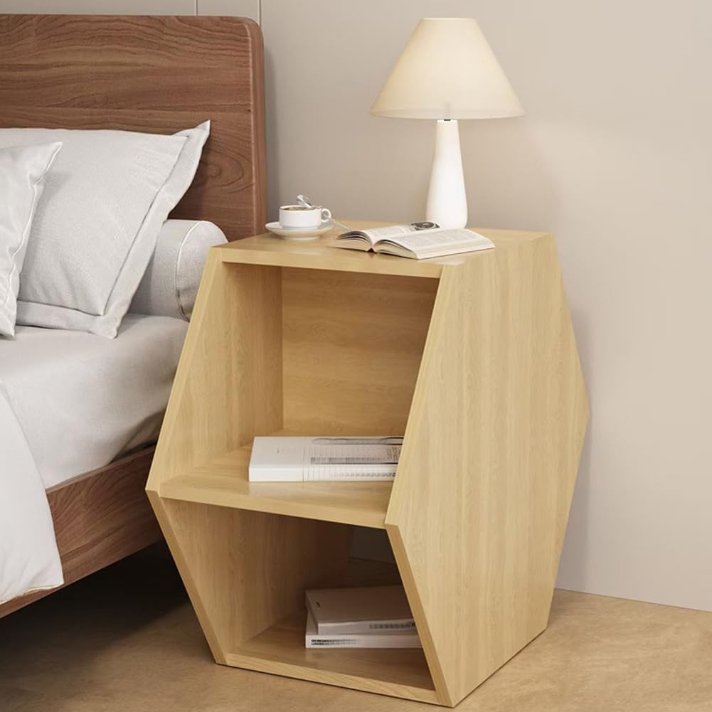 Mesita de noche de madera, mesa de centro delgada con almacenamiento, mesita de noche hexagonal para sala de estar, dormitorio, oficina en casa, mesa consola de entrada, acabado de nogal