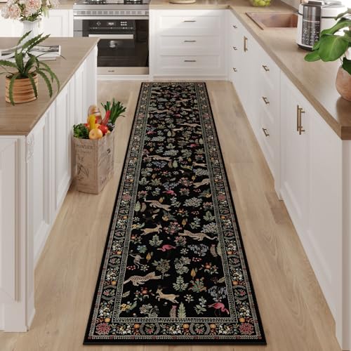 Runners for Kitchen Runner Rug Non Slip 2'x10' Long Washable Rugs with Rubber Backing Soft Floral Animal Carpet Runner for Kitchen, Laundry, Bedroom, Bathroom (Black)