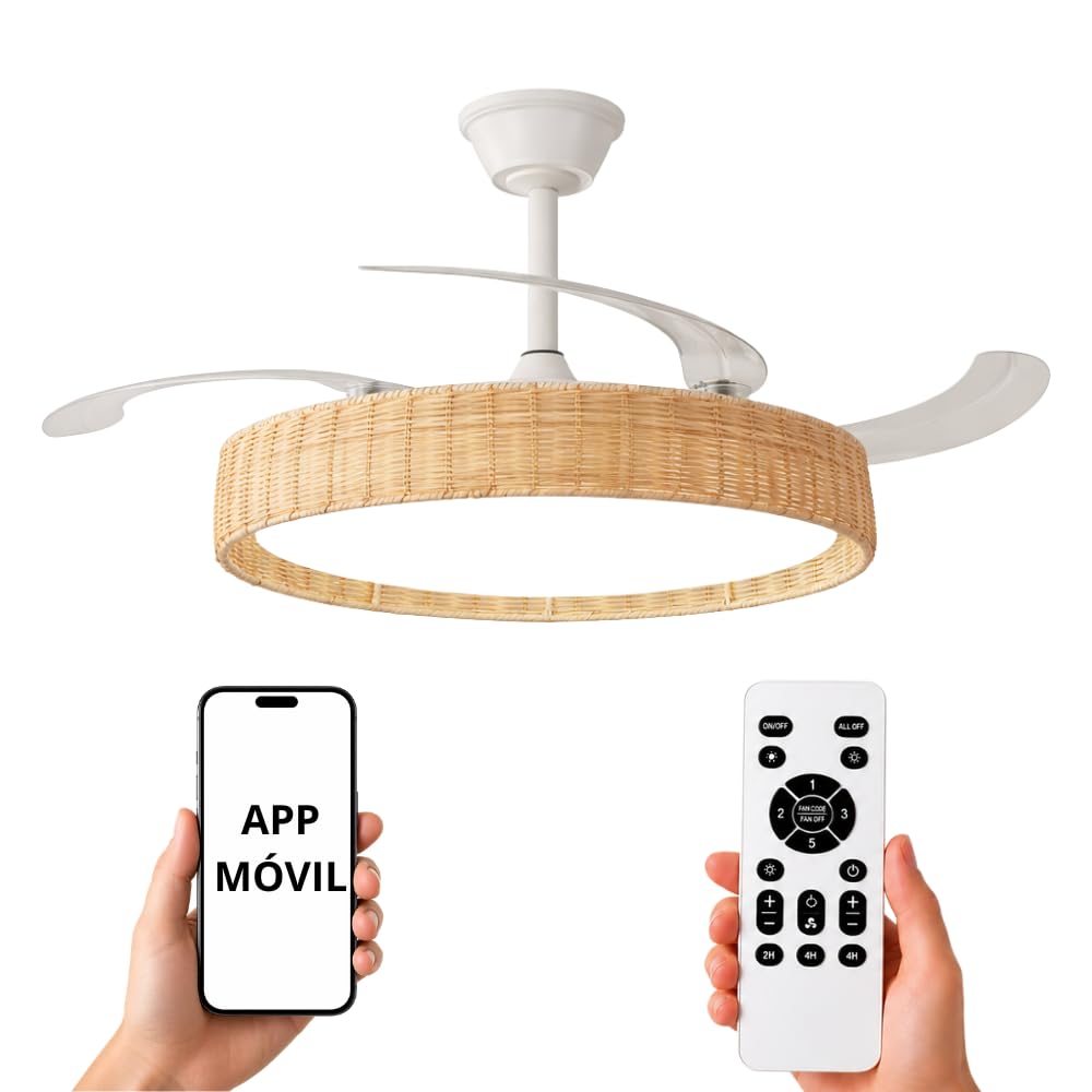 NARVI Ventilador de Techo Mimbre Haya Crema NERJA 7939 WDNL | Ø107 cm, Luz LED Regulable, Motor DC Silencioso de Bajo Consumo, Mando Incluido, 3 Aspas Retráctiles
