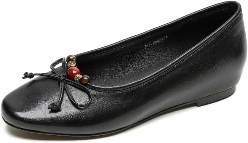 TinaCus Women's Ballet Flats Handmade Genuine Leather Beads Round Toe Chunky Heel with Bow