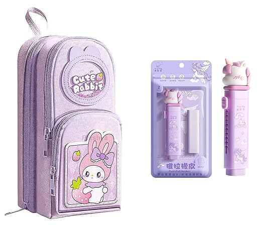 Image of WORSHIPER Kawaii Cute Pencil Pouch with Push Pull Eraser Set for Kids | Premium Canvas Zipper Stationery Organizer Box with Cartoon Design | Gift Combo for Boys & Girls (Cute Rabbit + Earser)