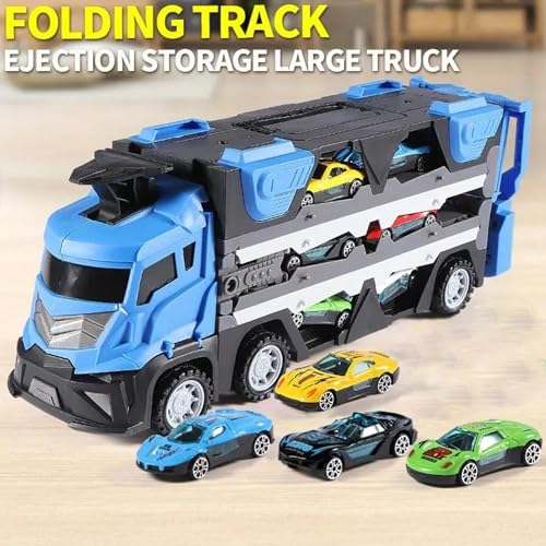 Image of Kidology Car Carrier Truck Toy Set - Mega Hauler Race Track with Ejection - 4 Mini Racing Cars - Folding Storage Truck Toy for Kids - Boys & Girls Toy for 3+ Years Old (Mega Hauler Truck - Blue)