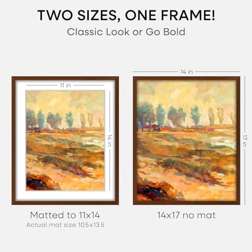 Image of Homeforia 14x17 Picture Frame Brown, High End Dark Oak 14x17 Wooden Frames with Mat 11x14, 14 x 17 Walnut Wood Poster Frame Matted to 11 by 14, 17x14 Hanging Frames, Tempered Glass, Wall Kit, Set of 1