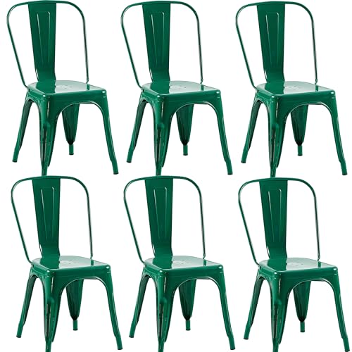 Image of Metal Dining Chairs with Backrest, Stackable, Green, 6 Pack | Easy Assembly, Non-Slip Feet, 330 lb Capacity, Kitchen, Restaurant, Cafe, Pub, Covered Patio