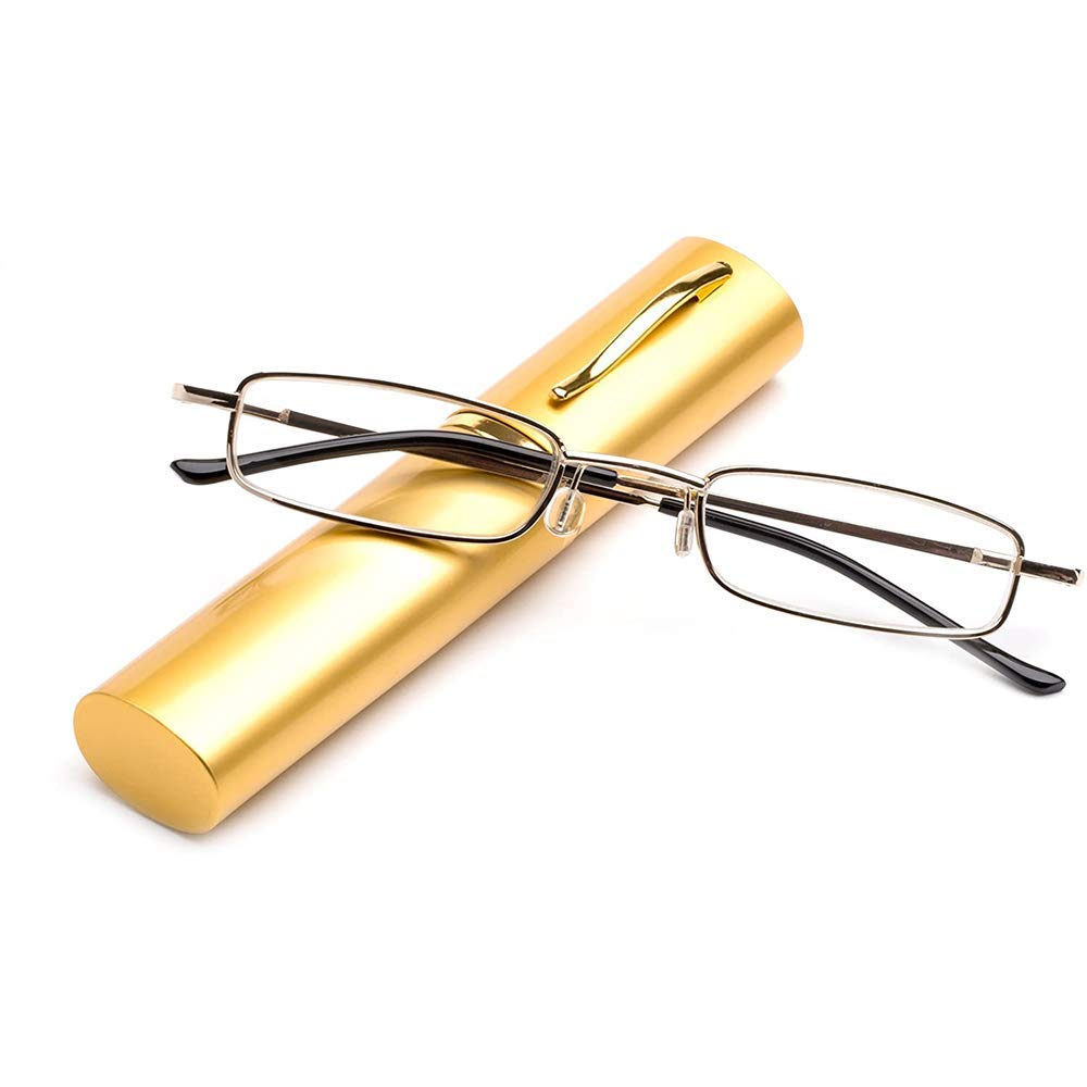 KoKoBin Flexibel Metall Lesebrille Sehhilfe Federn-Scharnier Lesehilfe Unisex Lesegerät mit Brillenetui wie Stifthalter (gold, +3.5)