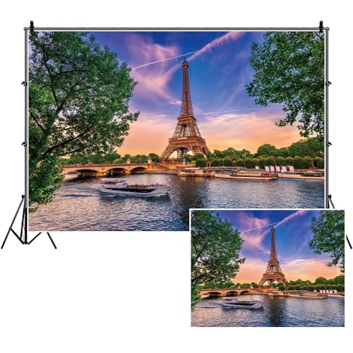 SDOTPMT 5x3ft Tour Eiffel Dossier en Polyester Paris Paysage Urbain Seine sunbridge lac Vacances en Plein air thème Photographie Fond Voyage de Lune de Miel...