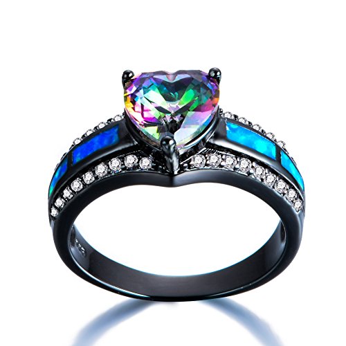 Shireake Baby Multicolor Heart Zircon Blue/Purple Opal Rings Rings for Women Vintage Fashion Black Gold Filled Birthstone Ring (Rainbow, 7)