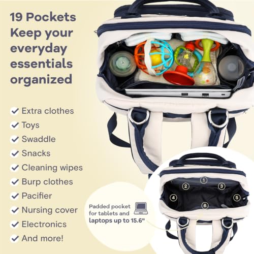 Image of RUVALINO Diaper Bag Backpack-Multifunction Baby Travel Bag with Changing pad, Insulated Bottle Holders & Pacifier Case, Large Capacity, Waterproof, Cream & Blue