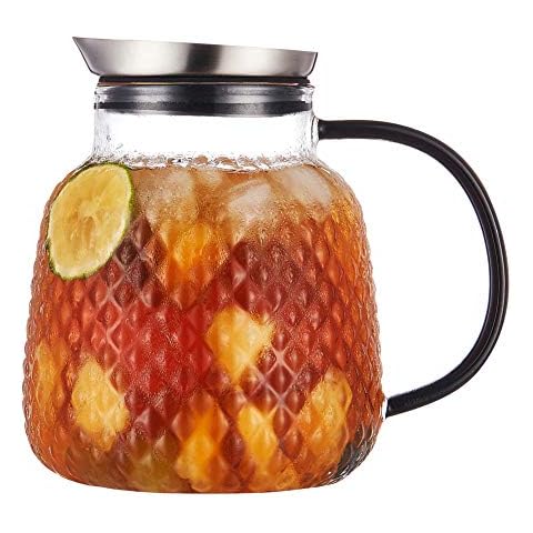 Purefold 40 ounces “Pineapple Series” Glass Pitcher with Stainless Steel Lid, Hot and Cold Water Carafe, Fruit Tea Coffee Maker, Ice Tea Pitcher, Juice Jar Cover