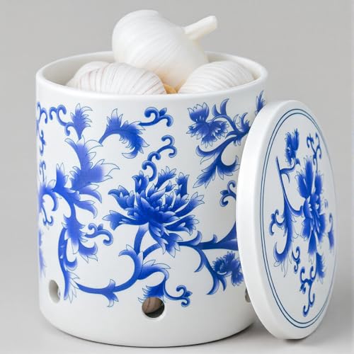 Blue & White Floral Ceramic Garlic Keeper Jar &ndash; 30oz Garlic Storage Container with Lid, Countertop...