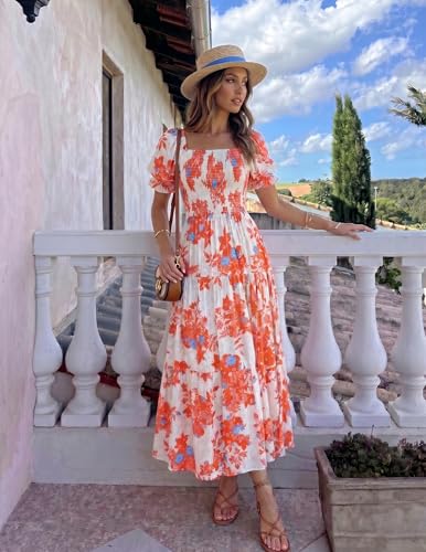 Image of ZESICA Women's 2026 Summer Boho Floral Print Dress Square Neck Ruffle Swing Beach Vacation Long Maxi Dresses