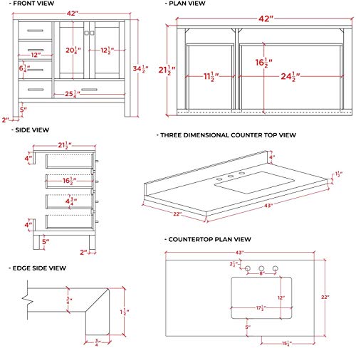 Ariel 43" Espresso Bathroom Vanity W/ 1.5" Edge Italian Carrara Marble Countertop & Backsplash | Right Rectangular Sink | 2 Soft Closing Doors & 5 Full Extension Dovetail Drawers | Satin Nickel Pulls #TOP2