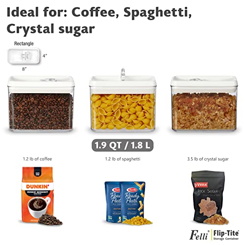 Felli Flip Tite Rectangular Food Storage Container 3Pc Pasta Granola Set With 4” Airtight Seal Lid Easy Grip & Open Lock, Pantry Organizer Kitchen Organization, Acrylic Stackable Canister Organizing Cereal, Macaroni, Coffee, Bean, Oat ( 1.9Qt, White) #TOP4