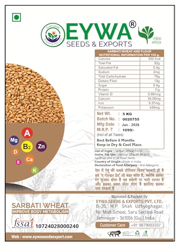 Image of Eywa Seeds & Exports Pvt Ltd Organic Sharbati Wheat Flour (5 Kg) For Eating And Cooking|Sharbati Atta Gehu|Produce Of India From Organic Farms