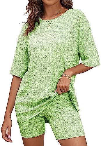 BEKOFO Lounge Sweatsuits Tracksuits Women Short Sleeve Sets Matching Outfits Ribbed Knit Pajama Sets Pjs Tshirt and Bike Shorts for Summer Green XX-Large