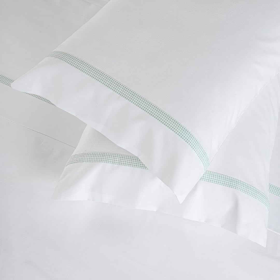 Juego de Sábanas en Verde y Blanco con Detalles en Patrón Vichy 420-200 Hilos de Algodón Percal - Sábanas para Cama 150/160 cm - con 2 Fundas de Almohada de 50x80 cm
