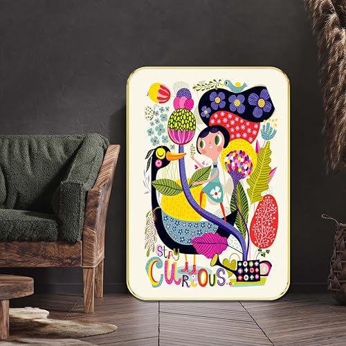 Image of SAF Stay Curious Kids Wall Art | Colorful Cartoon Illustration with Girl & Bird | Motivational MDF Frame Painting for Nursery, Playroom, Study Room & Gifting (19 x 13 Inch) MG01-1042
