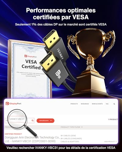 iVANKY 8K Câble DisplayPort 1.4 [Certifié VESA] 32.4Gbps Câble DP UHD 2M – vue 2