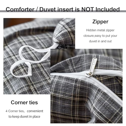 Image of EAVD Vintage Style Grey Plaid Gingham Duvet Cover Twin 100% Washed Cotton Like Linen Feel Soft Grid Plaid Bedding Set with 2 Pillowcases Farmhouse Grid Geometric Pattern Duvet Cover with Zipper