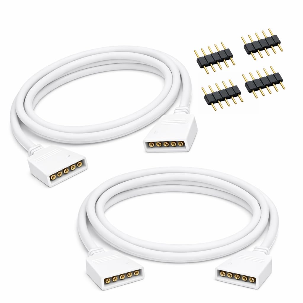YUTOKEER 5 Pin RGBW LED Extension Cable 2m, 2.54mm Pitch LED Strip Connector Wire with 4pcs Male Pins, Plug & Play LED Strip Extension Lead, 2 Pack