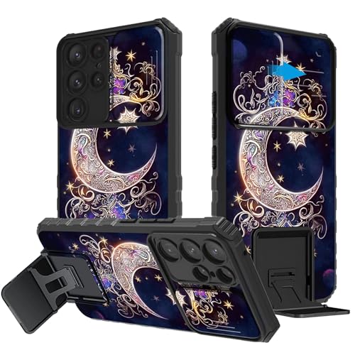 BEOTIWAD for Samsung Galaxy S22 Ultra Case with Sliding Camera Cover,Dual Layer Heavy Duty Shockproof Protective Cover,Built-in Stand Kickstand for Samsung S22 Ultra,Moon Star Galaxy Floral