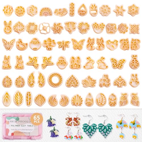 65 Pcs Flower Leaf & Animal Polymer Clay Cutters Set Clay Cutters Shapes for Earrings & Jewelry Making Bunny Butterfly Bee Bird with Storage Box (YANSH PROGLOBAL)