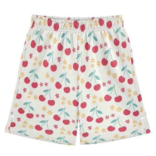 Cute Cherry Pattern Athletic Shorts with Zipper Pockets, Youth Boys Athletic Running Shorts for Summer
