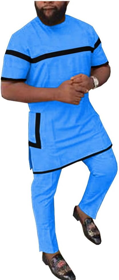 African Men Clothing Set Dashiki Short Sleeve Shirt Blouse+ Ankara Pants Tracksuit Outfit Attire Pockets