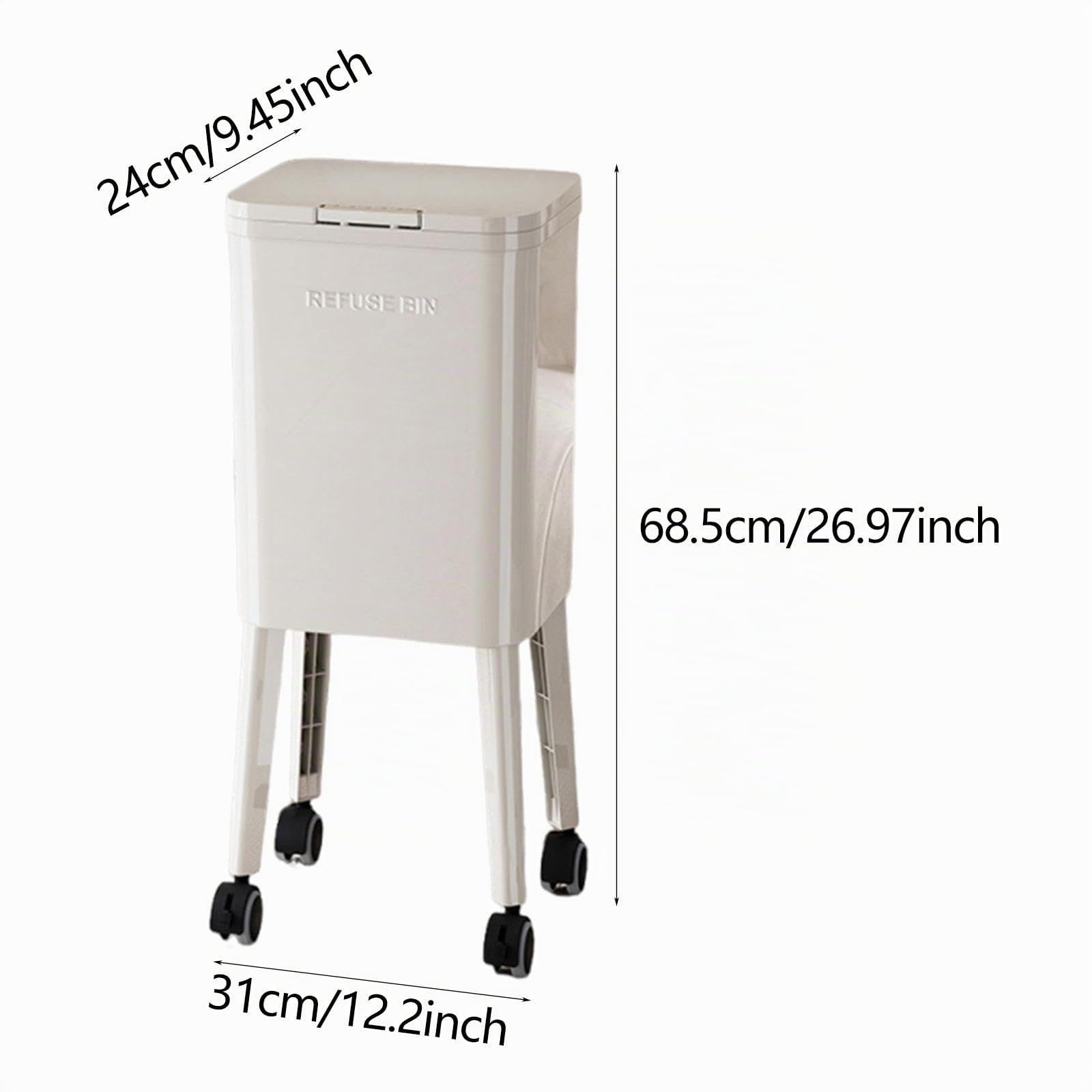 Qianly Basurero Alto de Cocina con Tapa de Presión, 68,5 cm Cubo de Basura Estrecho con Ruedas Giratorias Recipiente Interior Extraíble Y Patas Elevadas Adecuado para Espacios Pequeños, Blanco