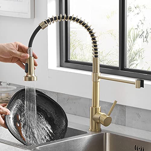 Gold Kitchen Faucet, Wotokol Brushed Gold Kitchen Faucet With Pull Down Sprayer Commercial Single Handle Faucets For Rv Farmhouse Camper #TOP3
