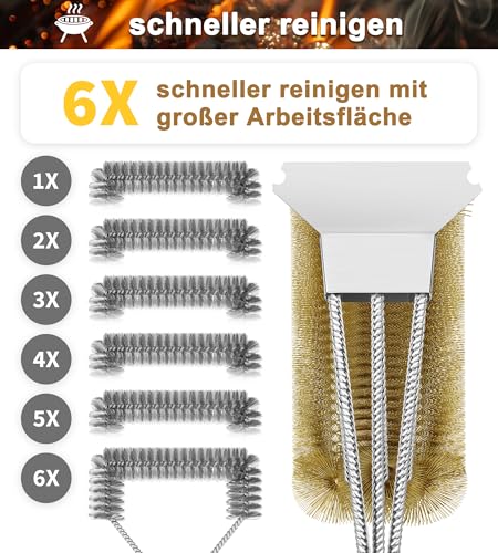 [2 Pack] Grillbürste Messing, TNTOR Grill Messingbürste mit Langer Borsten, Edelstahl Spatel und Extra Langer Wärmedämmung Griff, für Gasgrill, Holzkohlegrill, Kugelgrill, Elektrogrill und Grillrost. 4