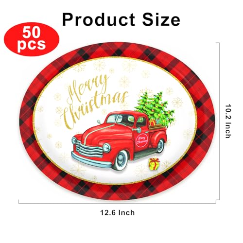 Tbsone 50-Count Christmas Disposable Paper Plates: Large Oval Heavy-Duty Dinnerware Set for Party Supplies and Holiday Dinner Table Decorations, 10.2 x 12.6 Inch (Christmas-Car) – Image 3