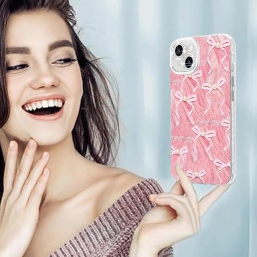 Image of VONZEE Compatible with iPhone 13 Case Luxury Pink Girly Cute 3D Bow Pearl Glitter Bling Case with Full Camera Protection Shockproof PC+TPU Glossy Shiny Cover for Girls Women, Pink