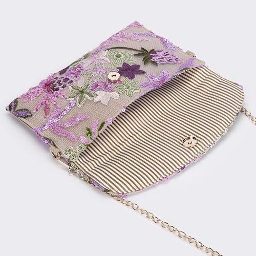 Image of Clutch Purses for Women, Envelope Package, Sequin Embroidered Flowers Straw Bag, Bohemian Handmade Handbags