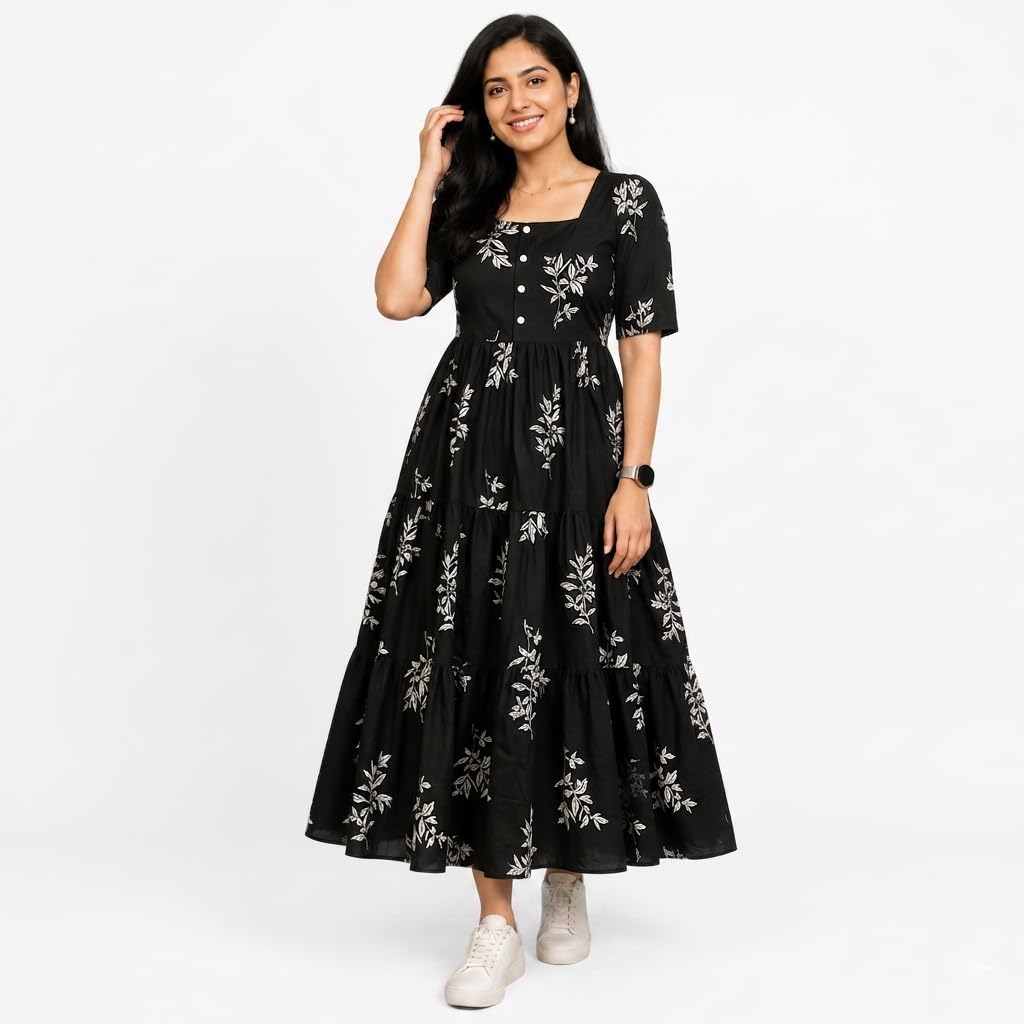 Women's Leaf Printed Rayon Tiered Midi Dress | Summer Comfortable Black Flare Kurti-image-9