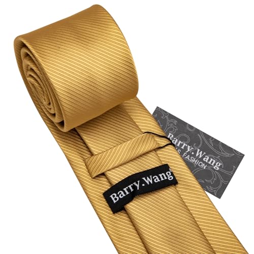 Image of Barry.Wang Solid Striped Tie for Men Silk Necktie Pocket Square Cufflinks Formal Wedding Party Business