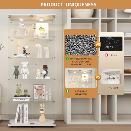 Image of Beauty4U Glass Display Cabinet with LED, 5-Shelf White Curio Cabinet