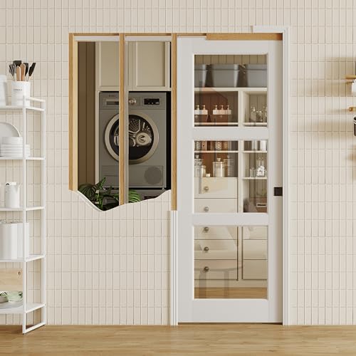 Image of Sliding Pocket Door with Lock, 28 inch x 80 inch, 3-Lite Clear Tempered Glass Pocket Doors with Frame and Hardware Kit Set, Interior Door Slab, White Primed - No Panel Assembly Required