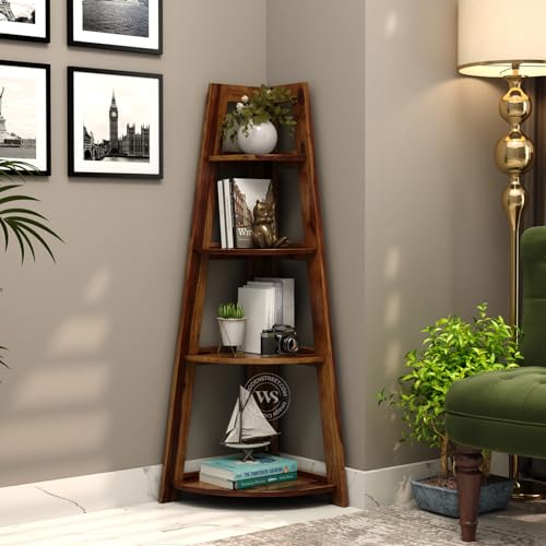 Image of Wooden Street Severino Bookshelf | 4 Tier Sheesham Wood Open Multipurpose Foldable Bookshelf | Compact Home and Office Wooden Rack | Teak Finish Bookcase |155 L x 155 W x 46 H Inches