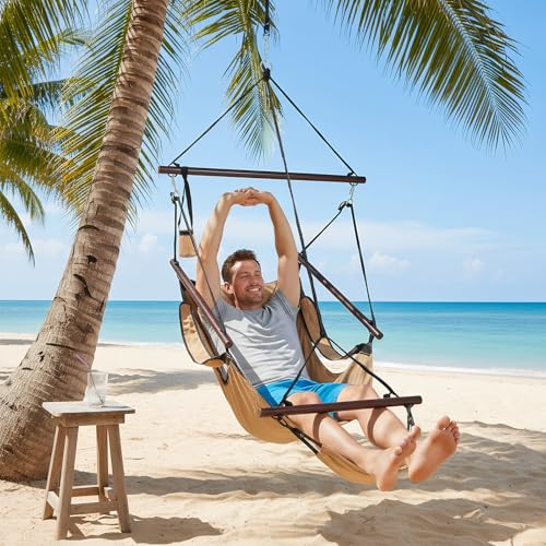 Image of ONCLOUD Upgraded Unique Hammock Sky Chair, Air Deluxe Hanging Swing Seat with Rope Through Beech Wood Bar Safer Relax with Drink Holder & Fuller Pillow for Indoor Outdoor Patio Yard 250LBS (Tan)