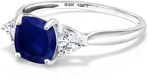 Miniatura 4 de Gem Stone King Anillo de compromiso de oro blanco de 10 quilates con zafiro azul y moissanita blanca 2.46 qttw cojín de 0.276 in y trillón