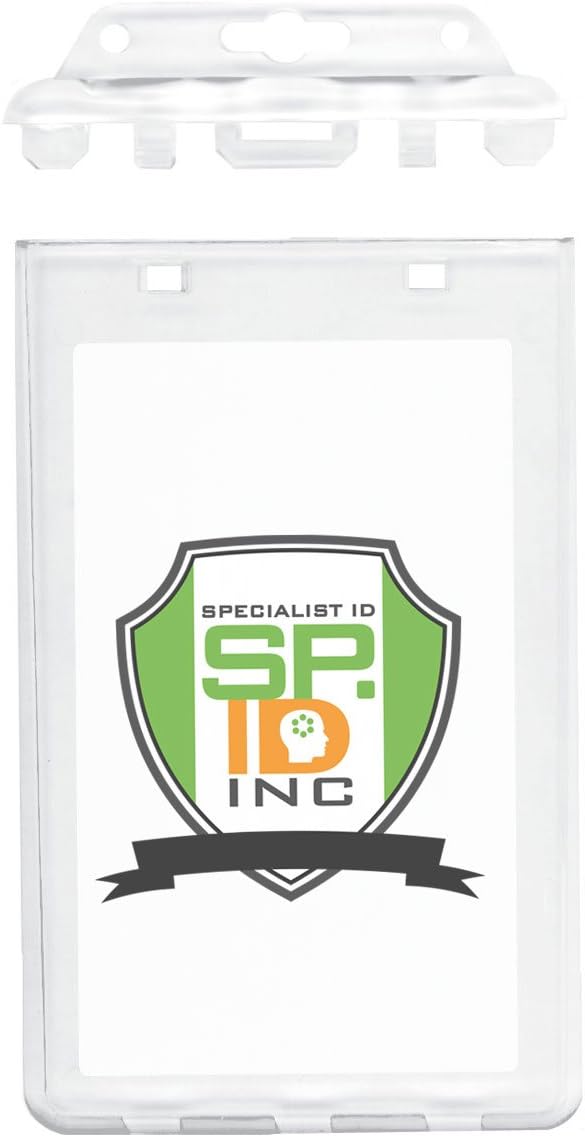 Permanent Locking Hard Plastic Badge Holder - Vertical Clear Heavy Duty Secure Case Holder for One or Two I'd Cards by Specialist ID