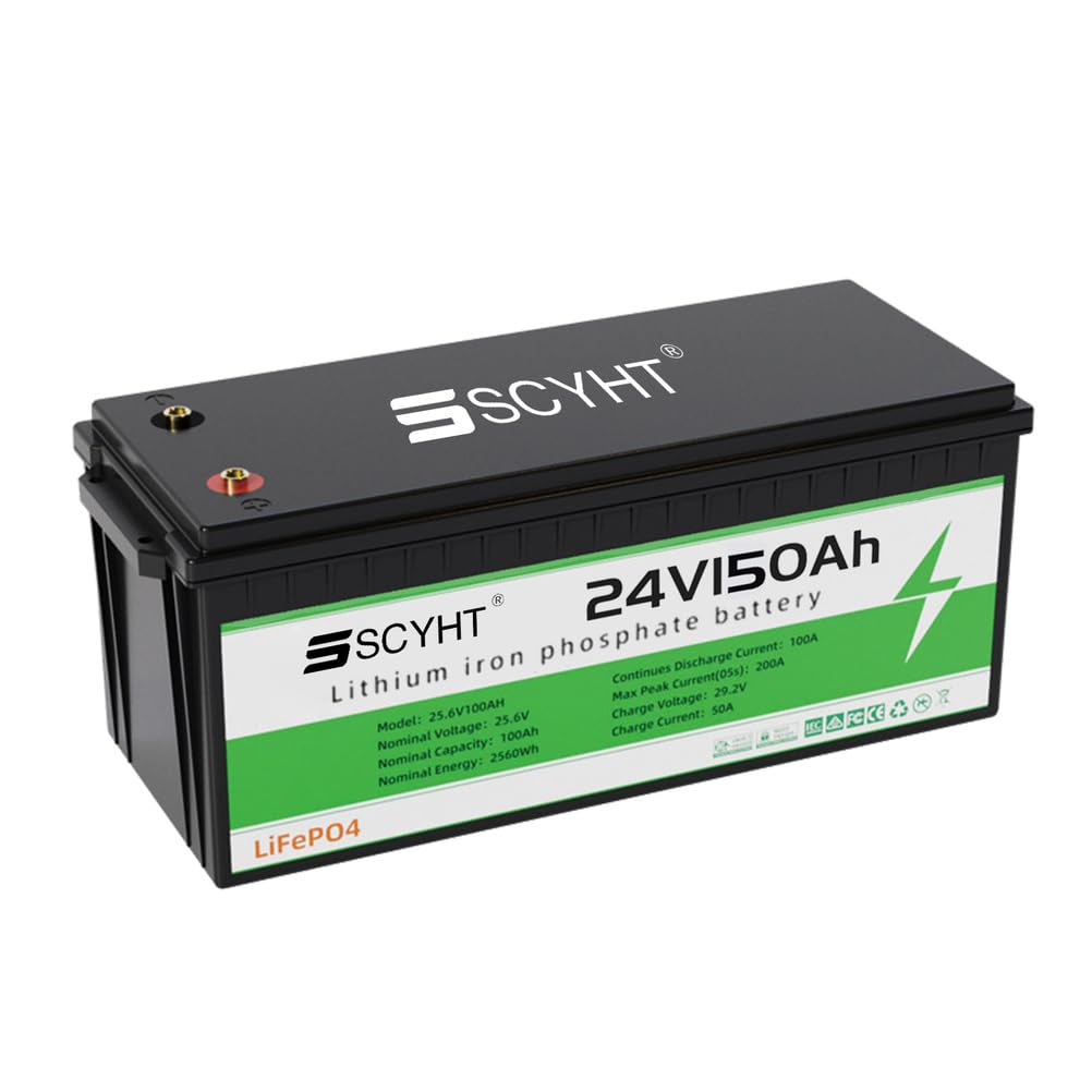 Batterie Lithium 24 V 100 Ah 150 Ah Batterie LiFePO4 24 V Batteries à décharge Profonde pour Camping-Cars, solaires et Hors réseau pour Moteurs 500 W à 3840 W,24v150ah 240mm