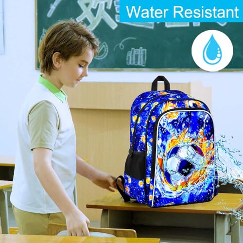 Image of HPJGD 3PCS Soccer Backpack for Boys, Water Resistant Kids Bookbag Set with Lunch Box, Cool School Bag for Elementary Preschool Toddler - Fire & Water Soccer