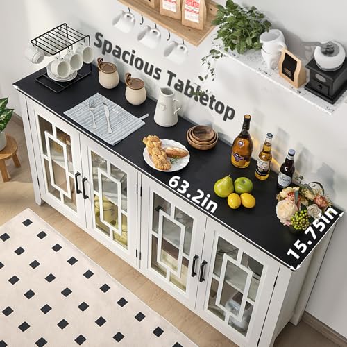 Large-Sideboard-Buffet-Cabinet-with-Storage-63-Farmhouse-White-Kitchen-Coffee-Wine-Bar-Cabinet-with-4-Glass-Doors-Wood-Mid-Century-Modern-Side-Board-Table-for-Dining-Room-Living-Room Large Sideboard Buffet Cabinet with Storage 63 Farmhouse White Kitchen Coffee Wine Bar Cabinet with 4 Glass Doors Wood Mid Century Modern Side Board Table for Dining Room Living Room