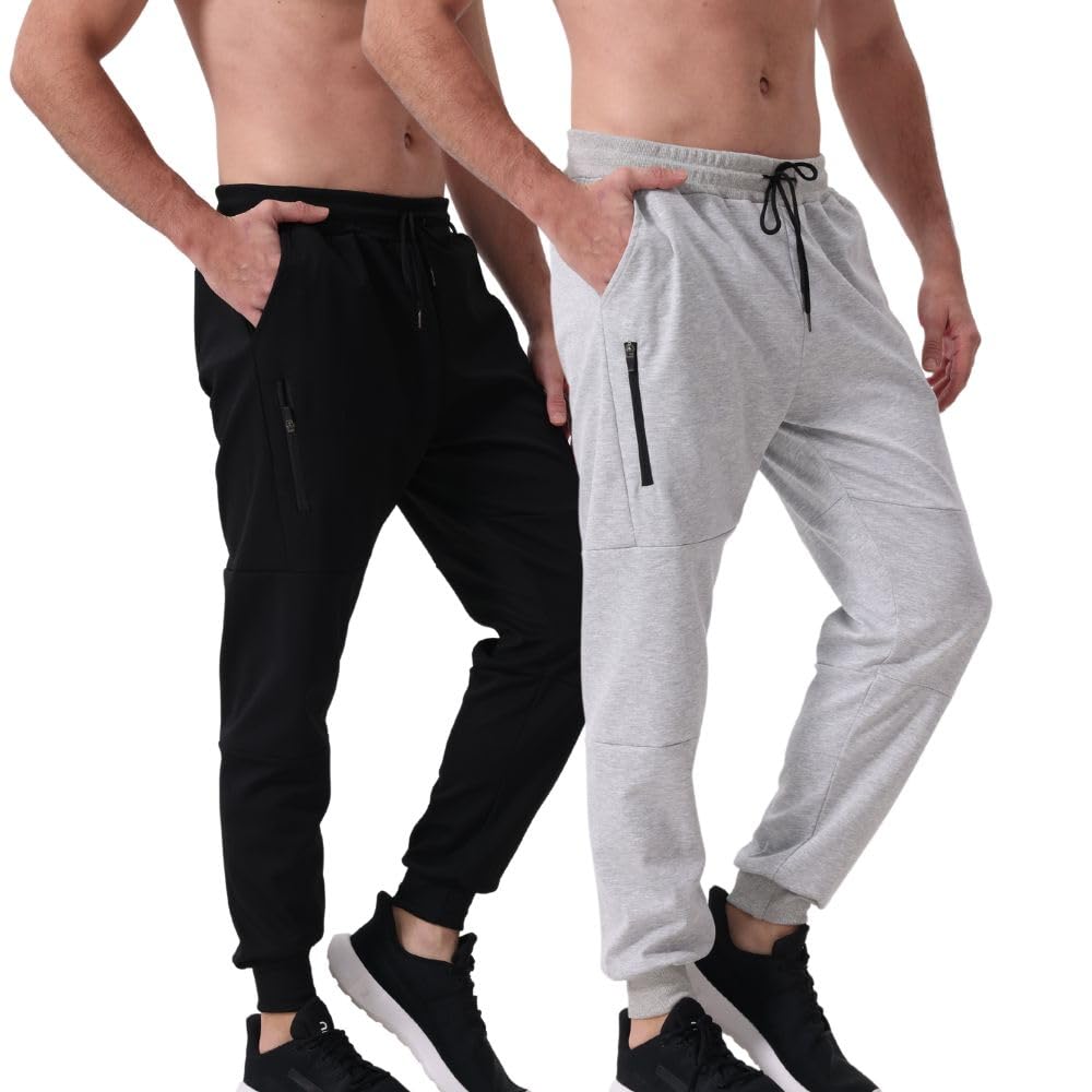 Confezione da 2 pantaloni da jogging da uomo con chiusura lampo, pantaloni slim fit con tasche, elastico in vita, da uomo