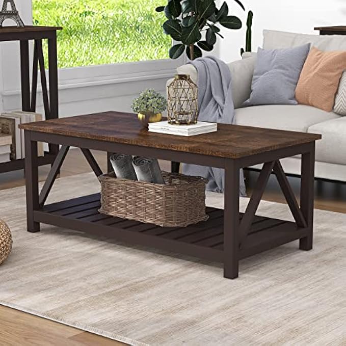 ChooChoo Farmhouse Coffee Table, Rustic Vintage Living Room Table with Shelf, 40 Espresso