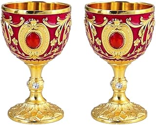 Vintage Chalice Goblet Royal Chalice Embossed Cup Vintage Zinc Alloy Goblet Medieval Party Decorations for Halloween Party Drinking Decor Supplies (Gold-Red)
